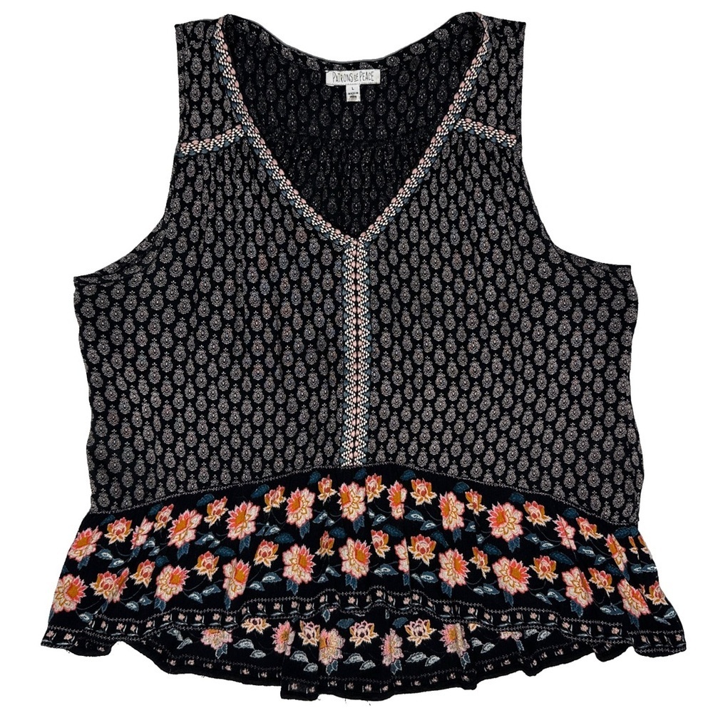 Patrons of Peace Flowy Black Tank Top Floral Print Boho Ruffle Large - Picture 3 of 10